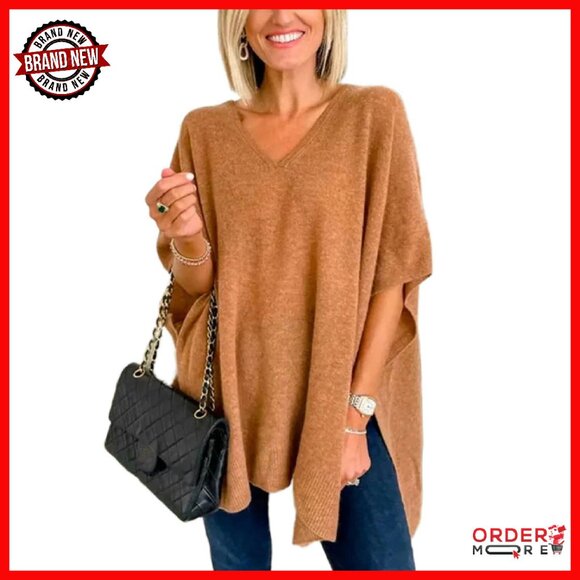 V-Neck Poncho Sweater with Batwing Sleeves Soft Knit Pullover